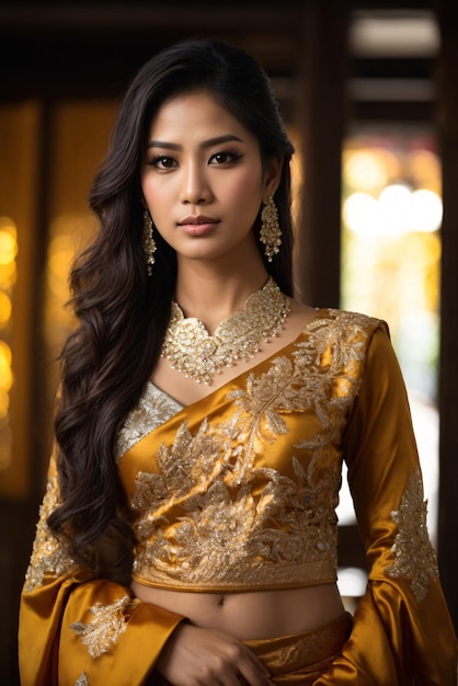 Asiatische Frau im goldenen Kebaya