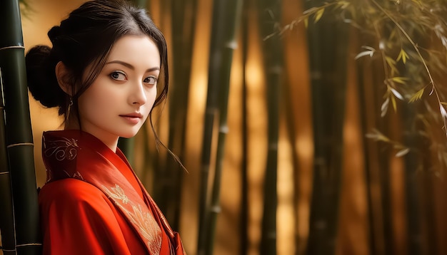 Asiatische Frau im roten Kimono auf Bambushintergrund