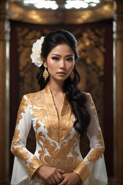 Asiatische Frau im weißen und goldenen Kebaya