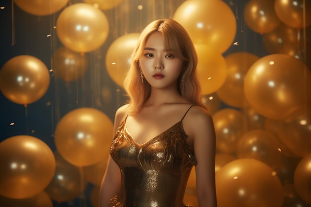 Asiatische Frau in einem goldenen Kleid steht vor goldenen Ballons