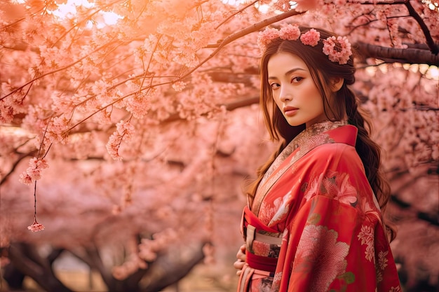 Asiatische Frau in Kimono im landschaftlich reizvollen Kirschblütengarten