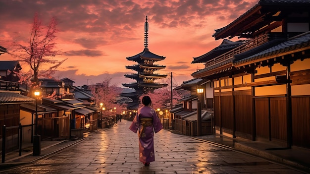 Asiatische Frau in Kimono mit Regenschirm in Kyoto