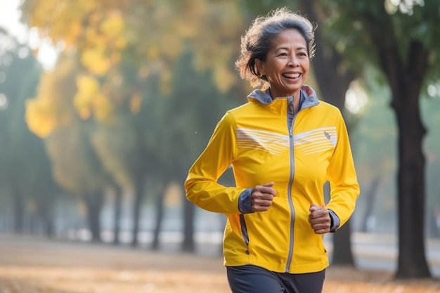 Asiatische Frau läuft im Herbst im Park, KI generiert