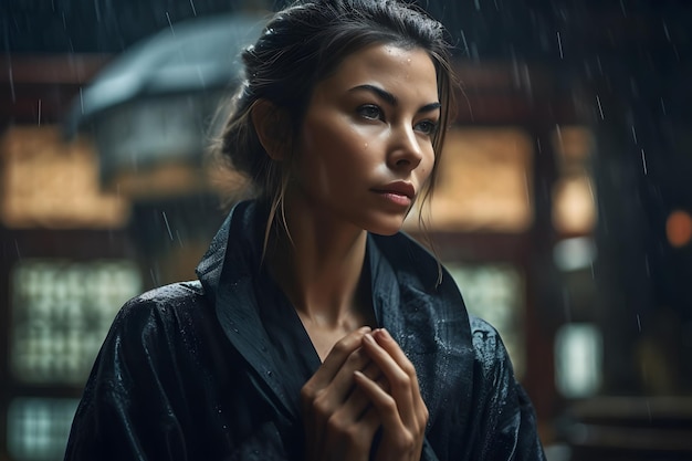 Asiatische Frau meditiert im Tempel im Regen. Neuronales Netzwerk, KI generiert