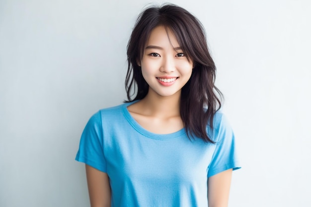 Asiatische Frau mit blauem T-Shirt lächelnd auf weißem Hintergrund