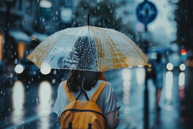 Asiatische Frau mit gelbem Rucksack und Regenschirm geht an einem regnerischen Tag auf der Straße