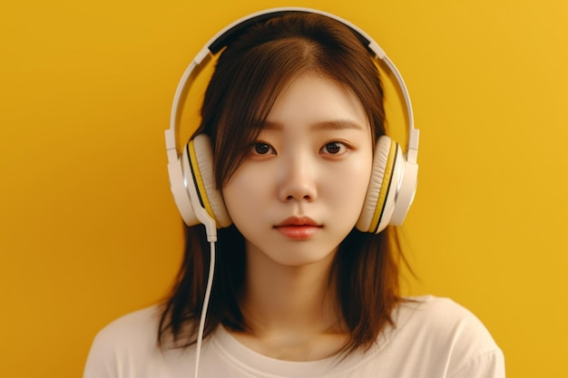 Asiatische Frau mit Kopfhörern auf gelbem Hintergrund