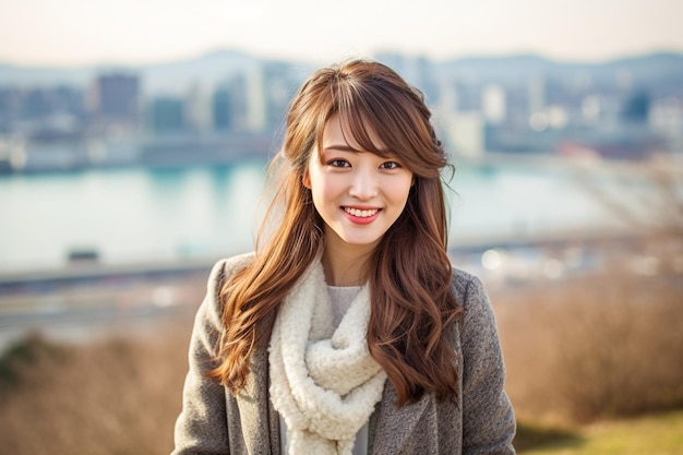 Asiatische Frau mit langen Haaren und Schal lächelt vor einer Stadtlandschaft