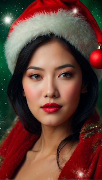 Asiatische Frau mit Weihnachtsmannshut auf weihnachtlichem Hintergrund detaillierte und festliche Rote und Grüne