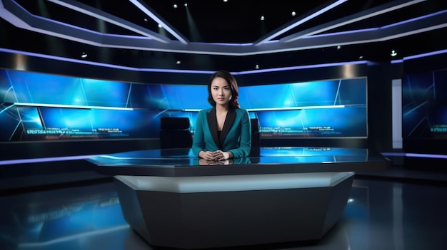 Foto asiatische frau nachrichtensprecherin tv-nachrichtenmoderatorin nachrichten virtuelles studio