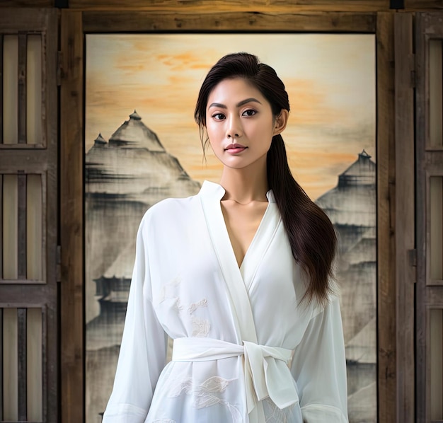 Asiatische Frau posiert in weißem Hemd und Bademantel im Stil umweltfreundlicher Handwerkskunst