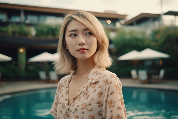 Asiatische Frau steht am Pool und trägt ein Blumenkleid