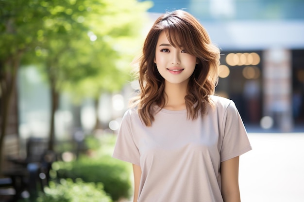 Asiatische Frau trägt ein T-Shirt und lächelt auf einem verschwommenen Hintergrund