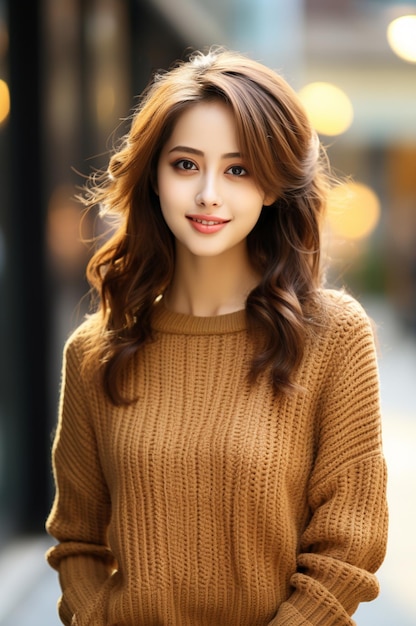 Asiatische Frau trägt einen Pullover und lächelt auf einem verschwommenen Hintergrund