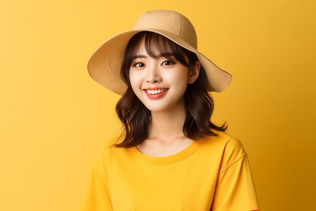 Asiatische Frau trägt gelbes T-Shirt mit Hut und lächelt auf gelbem Hintergrund