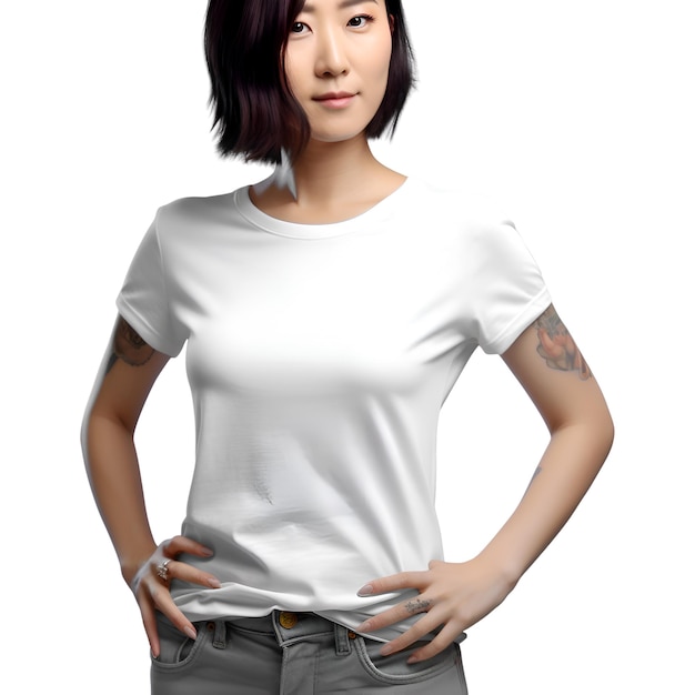 Asiatische Frau trägt leeres weißes T-Shirt isoliert auf weißem Hintergrund