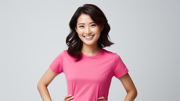 asiatische Frau trägt rosafarbenes T-Shirt mit Handhaltung und Stil