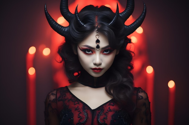 Asiatische Frau trägt Teufelhörner in einem Halloween-Outfit vor dem Hintergrund eines Spukhauses