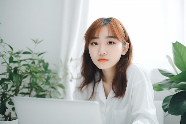 Asiatische Frau trägt weißes Hemd und arbeitet mit Laptop