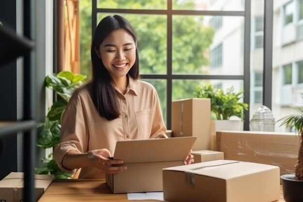 asiatische Frau Verkaufen Sie Produkte online zu Hause Sprechen Sie am Telefon und bereiten Sie eine Kartonschachtel oder ein Paket für die Online-Lieferung vor