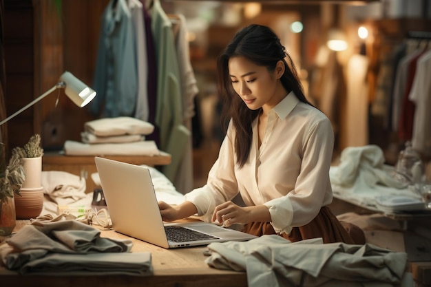 Asiatische Frau verkauft Kleidung online mithilfe von Laptop-KI