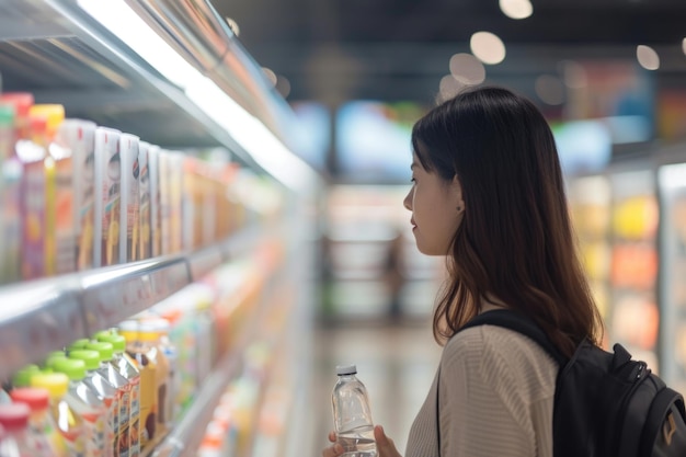 Asiatische Frau wählt Produkte im Supermarkt aus