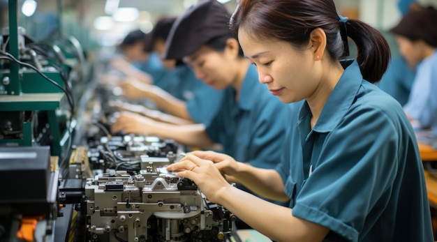 Asiatische Frauen arbeiten in industriellen Fertigungsbetrieben und montieren mechanische Teile