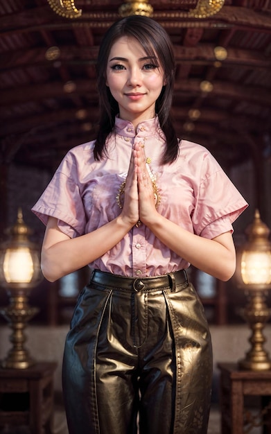 Foto asiatische frauen machen sawasdee oder gebetspose auf dem markt der generativen ki