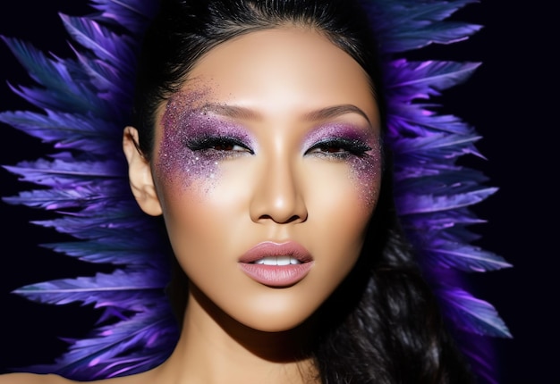 Asiatische Frauen mit lila Glitzergesicht für Zeitschriftencover