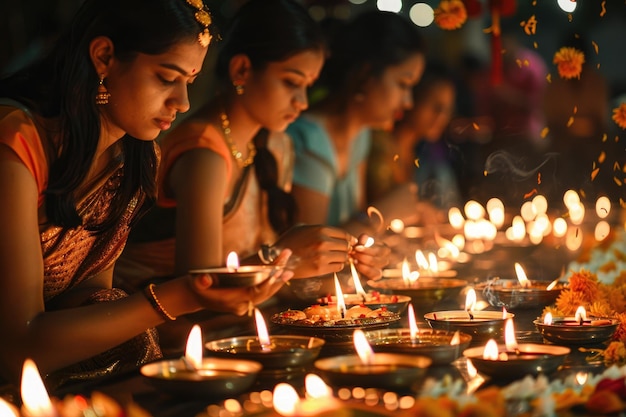 Asiatische Frauen neben Kerzen an einem Vesak-Tag