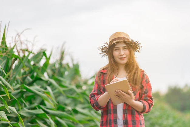 Asiatische Fröhliche Bäuerin auf MaisfarmÜberprüfung der landwirtschaftlichen ProdukteThailänderIn der Nähe der Erntezeit