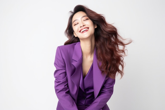Asiatische Geschäftsfrau, die im lila Anzug lacht