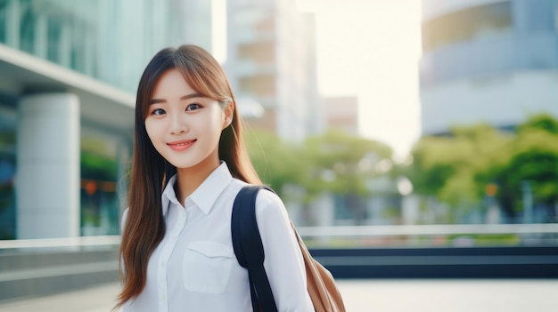 Asiatische Geschäftsfrau geht im Büro zur Arbeit und trägt lächelnd einen Rucksack und schaut auf die Kamera auf der Straße um das Gebäude in einer Stadt.