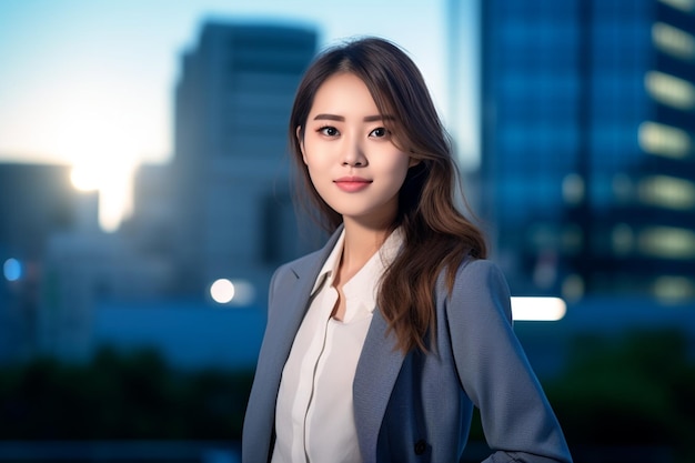 Asiatische Geschäftsfrau im Blazer mit Blick auf Wolkenkratzer