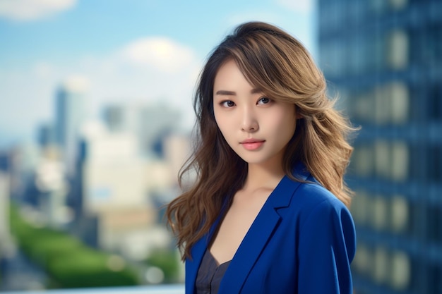 Asiatische Geschäftsfrau im dunkelblauen Blazer mit Blick auf Wolkenkratzer
