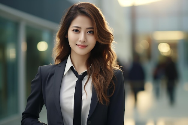 Asiatische Geschäftsfrau in Blazer lächelt auf verschwommenem Hintergrund