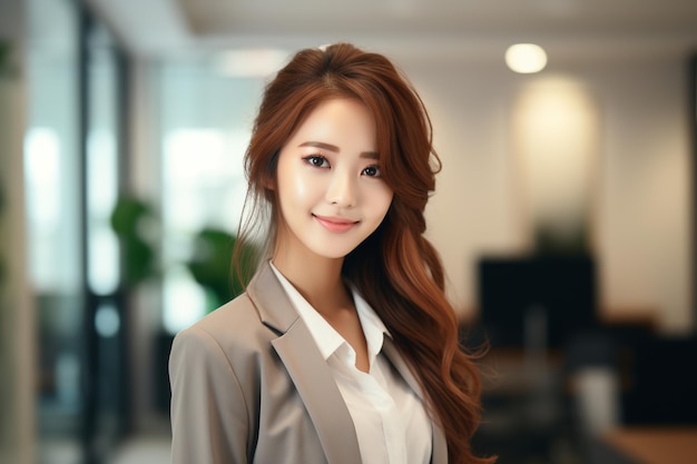 Asiatische Geschäftsfrau in Blazer lächelt auf verschwommenem Hintergrund