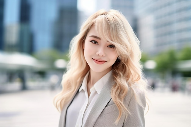 Asiatische Geschäftsfrau mit blonden Haaren und grauem Anzug