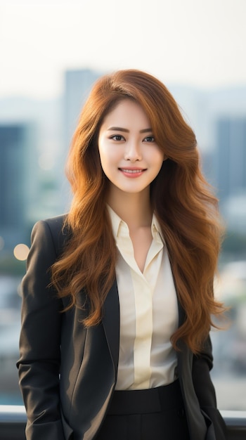 Asiatische Geschäftsfrau trägt einen Blazer mit Blick auf Wolkenkratzer