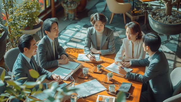 Asiatische Geschäftsleute treffen sich im Büro und arbeiten zusammen