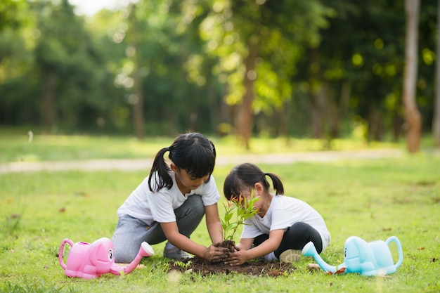 Asiatische Geschwister, die am Sommertag einen jungen Baum auf schwarzem Boden pflanzen, um die Welt im Garten zu retten