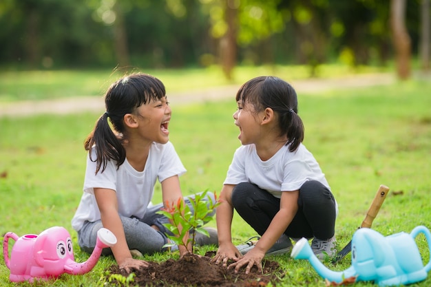 Asiatische Geschwister, die zusammen junge Bäume auf schwarzem Boden pflanzen, um am Sommertag die Welt im Garten zu retten. Baum pflanzen. Kindheit und Outdoor-Freizeitkonzept.