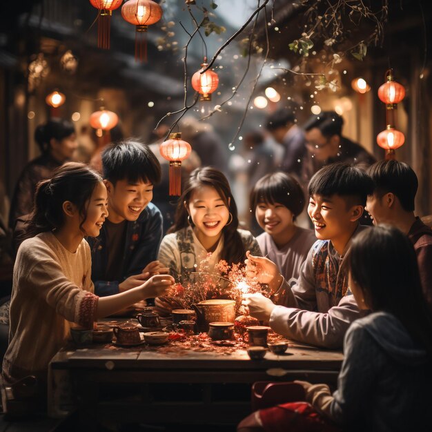 Asiatische Gruppe von Freunden, die einen Grill in einem Garten im Freien haben, lachen mit alkoholischen Biergetränken und zeigen