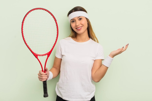 Asiatische hübsche frau, die sich glücklich fühlt, überrascht, eine lösung oder idee zu realisieren. Tennis-Konzept