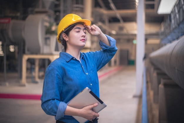 Asiatische Ingenieurin der Frau, die Steuermaschine in der Fabrik arbeitet