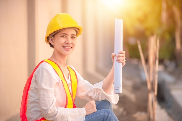 Asiatische Ingenieurinnen vor Ort prüfen Hochbauprojekte