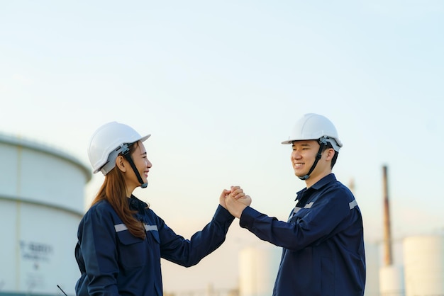 Asiatische Ingenieurtechniker, Mann und Frau, schütteln sich die Hände und zeigen, wie froh sie sind, ihre Mission in der Ölraffinerie zu erfüllen.