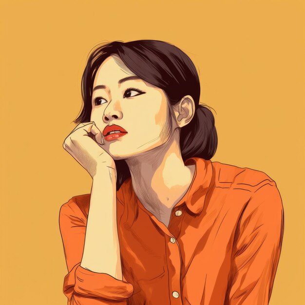 Asiatische junge Frau im Denken und Zweifel, farbenfrohe Illustration. Weiblicher Hipster-Charakter mit verträumtem Gesicht auf abstraktem Hintergrund. Ai generierte ein hell gezeichnetes Poster