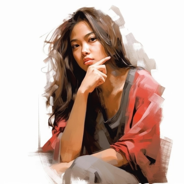 Asiatische junge Frau im Denken und Zweifel Illustration. Weiblicher Hipster-Charakter mit verträumtem Gesicht auf abstraktem Hintergrund. Ai generierte ein hell gezeichnetes, farbenfrohes Poster