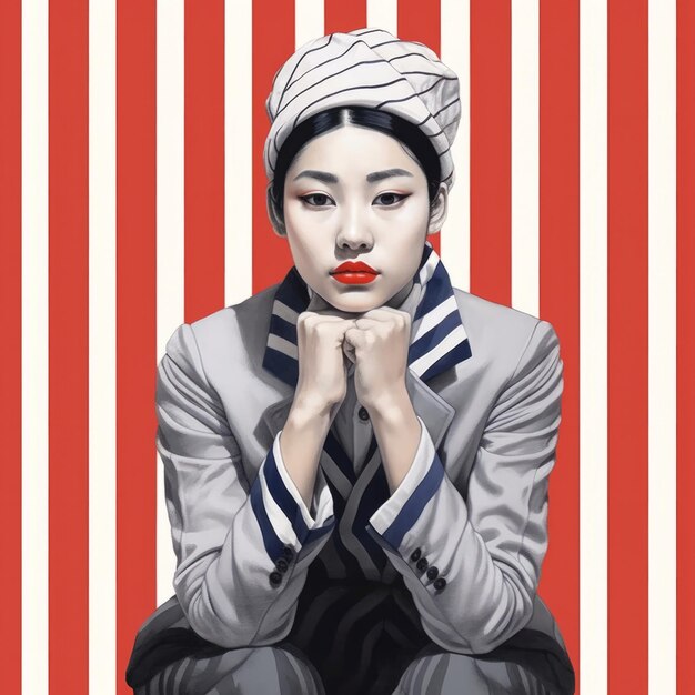 Asiatische junge Frau im Denken und Zweifel, realistische Illustration. Weiblicher Hipster-Charakter mit verträumtem Gesicht auf abstraktem Hintergrund. Ai generierte ein helles, farbenfrohes Poster